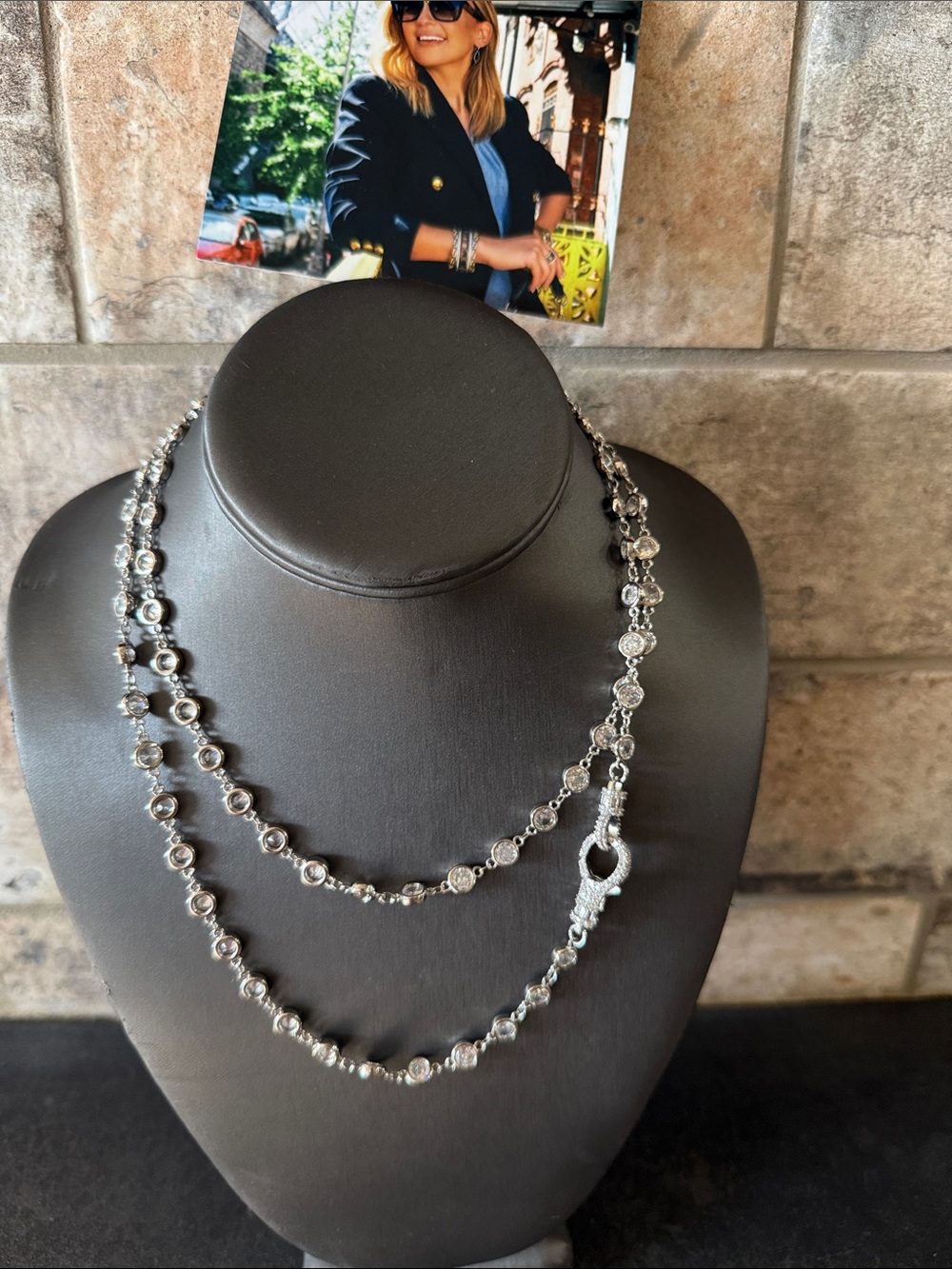 Freida Rothman Silver Crystal Station Layered Necklace with pave’ clasp 36 inch
